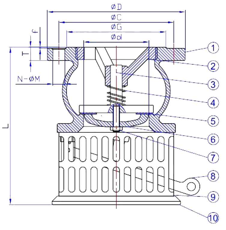 进口拉柄式底阀外形结构图